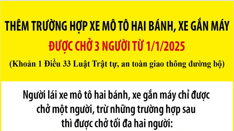 Thêm trường hợp xe mô tô hai bánh, xe gắn máy được chở 3 người từ 1/1/2025