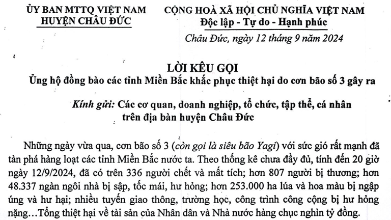 Ủy ban MTTQ huyện Châu Đức: Lời kêu gọi ủng hộ đồng bào các tỉnh Miền Bắc khắc phục thiệt hại do cơn bão số 3 gây ra